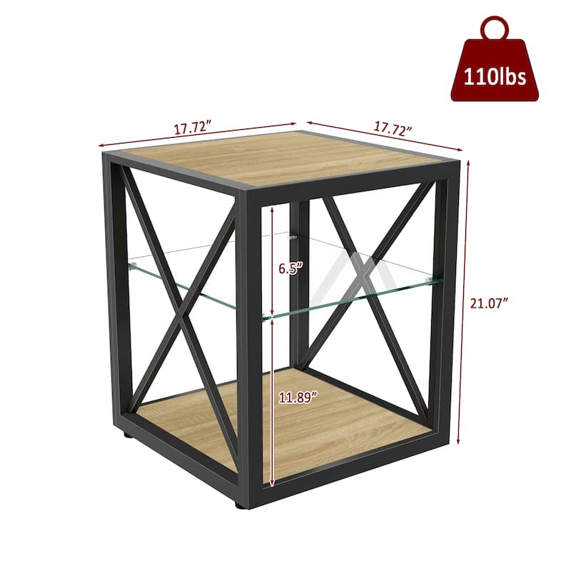 1 piece Modern End Table Nightstand, Tempered Glass&Natural Wood MDF Top ,Industrial Style Side Table