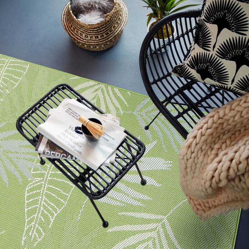 Contemporary Floral Leaves Indoor/Outdoor Flatweave Waterproof Backyard Patio Area Rug