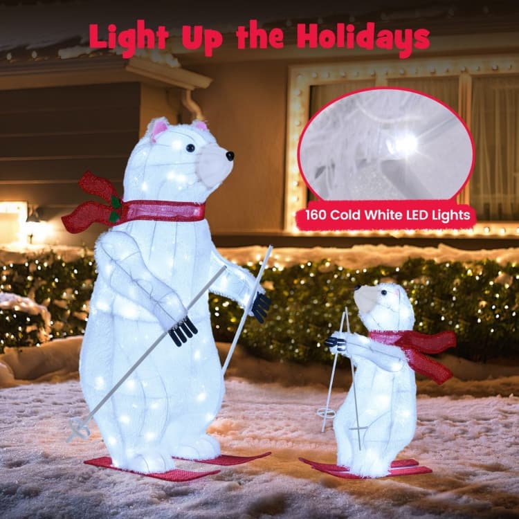 White-Red Metal Fabric Animated Skiing Polar Bears Christmas Decoration Set with 160 LEDs - 23" x 16.5" x 37"
