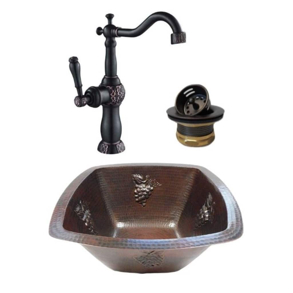 15" Square Copper Kitchen Bar / Prep Sink GRAPES Design Facucet & Drain Included - 15" x 15" x 6"