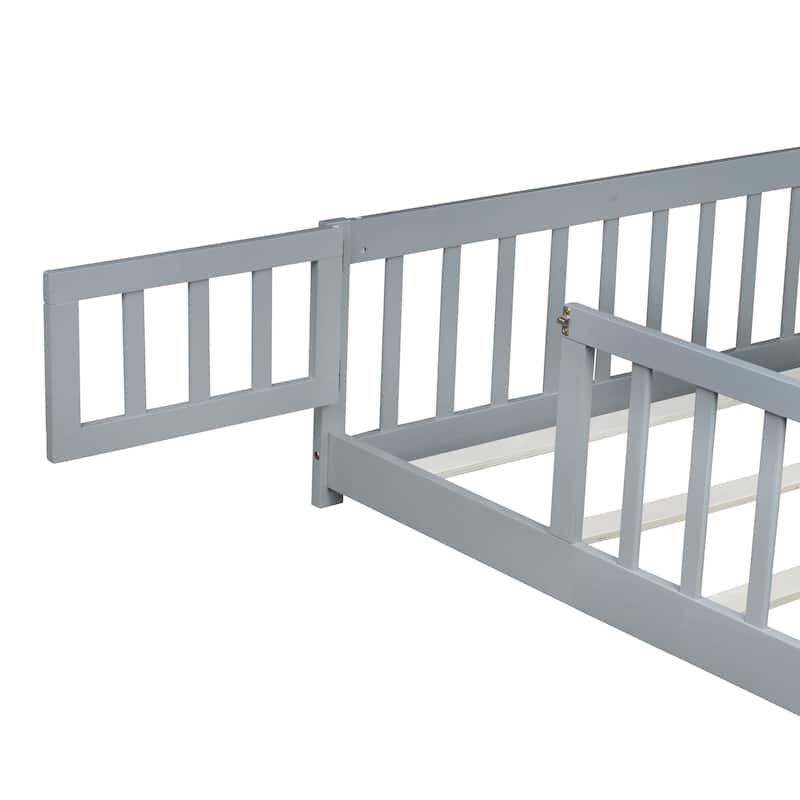Queen Size Floor Bed with Fence,Door,Rubber Wood Floor Bed with Safety Guardrails