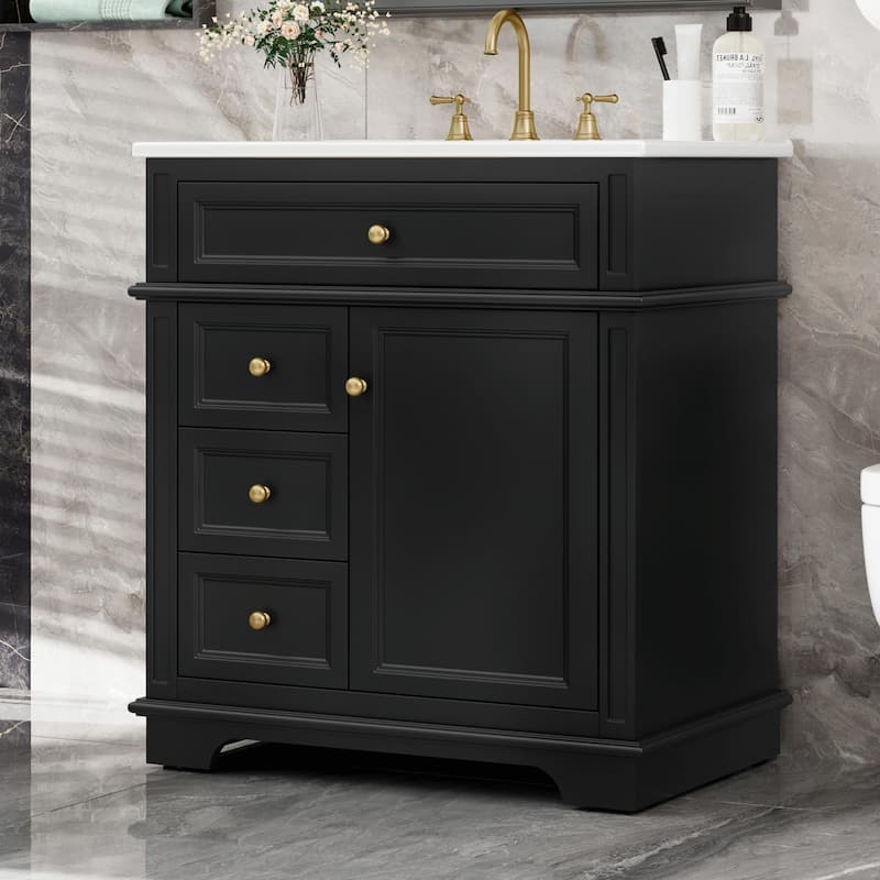 30" Bathroom Vanity with Sink, Tip-Out Drawer, Three Drawers, Door Shelf