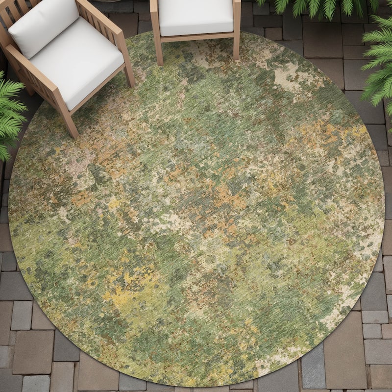 Machine Washable Indoor/Outdoor Abstract Watercolor Chantille Rug - Aloe - 8' x 8'