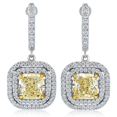 Kobelli 6.21 Carat Yellow Diamond 18k Solid White Gold Square Double Halo Liora Dangle Earrings