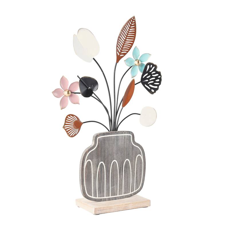 Multi Colored Wooden Patterned Vase Floral Decorative Sculpture with Metal Accents (Set of 3)