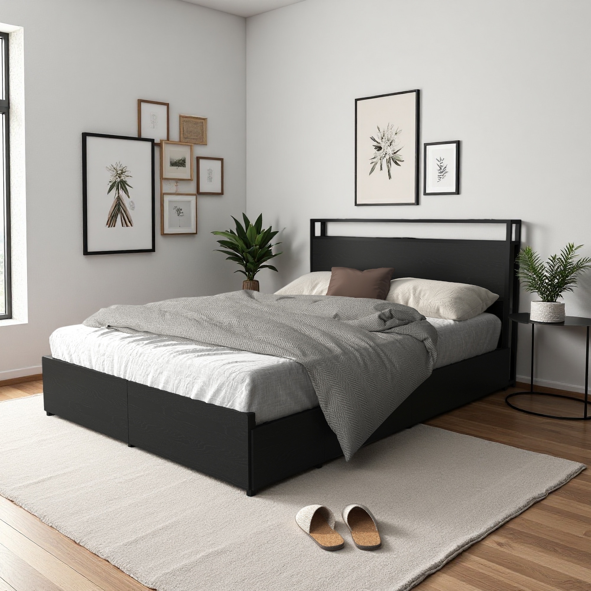 Metal Platform Bed Frame with Storage Headboard, 6 Drawers, and Charging Station