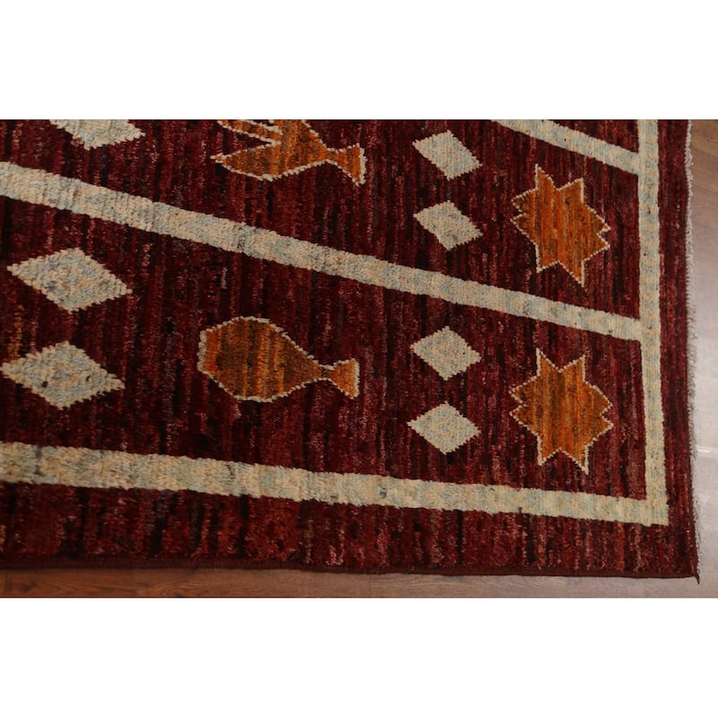 Hand Knotted Oriental 100% Wool Carpet Modern Geometric Red Moroccan Area Rug - 9' 10'' X 6' 8''