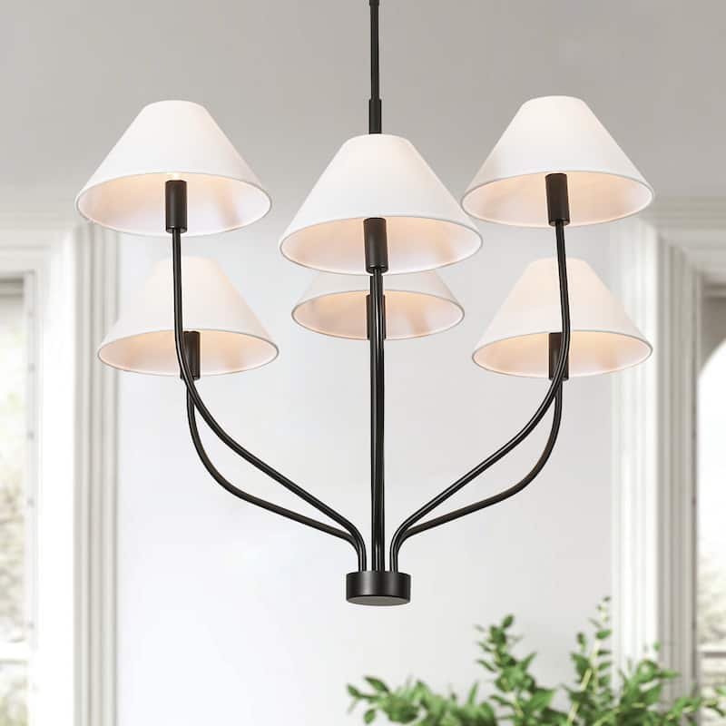 6-Light Modern Gold/Matte Black Sputnik Staggered Large Chandelier with Cone White Fabric Shade