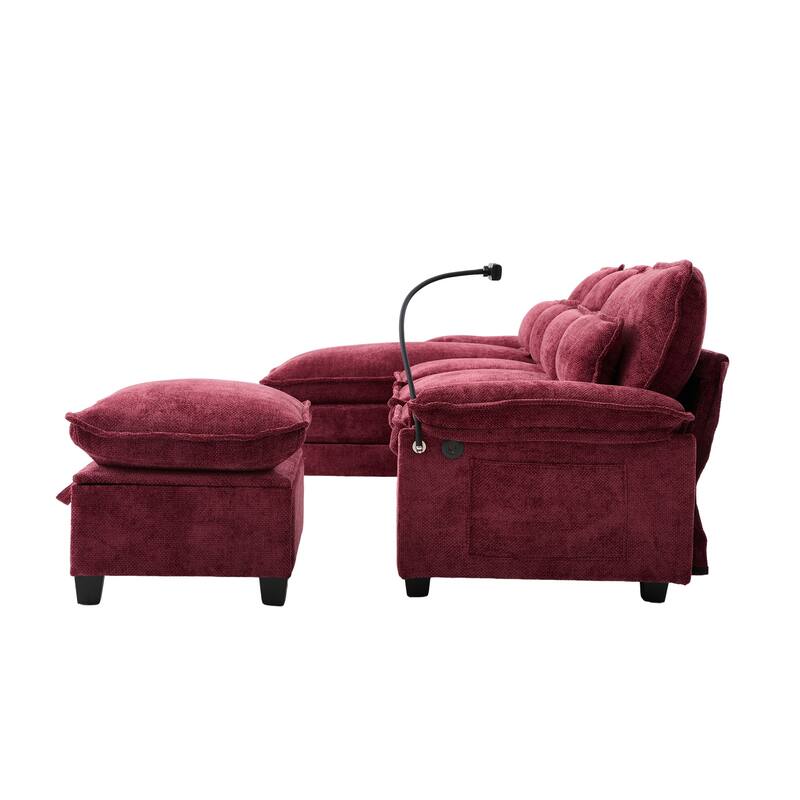 Chenille U-shape Sectional Sofa with Chaise and Storage Ottoman, Modular Couch with USB/Type-C Ports, Side Pockets, Phone Holder