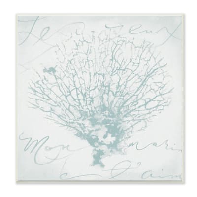 Stupell Abstract Coral Over Text Teal White Calligraphy Design,12 x 12, Wood Wall Art