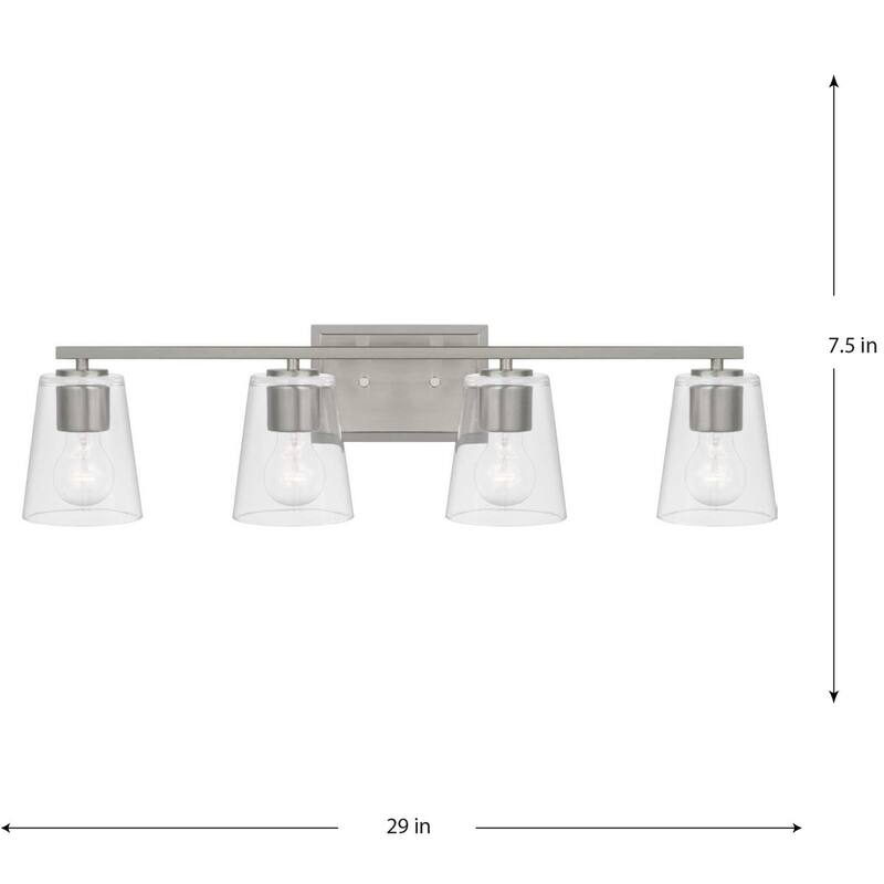 Vertex Collection Four-Light Brushed Nickel Clear Glass Contemporary Bath Light - 29 in x 6.25 in x 7.5 in