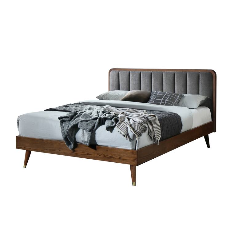 Queen Size Platform Wooden Bed with Upholstered Headboard and Gold-Tone Legs