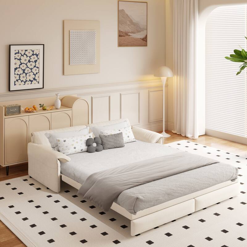 66" 3-in-1 Convertible Beige Velvet Sleeper Sofa Bed with Side Storage - Multi-Color