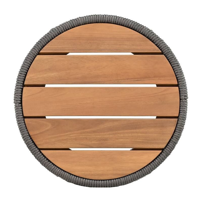 Roomfitters Round Outdoor Side Table, Acacia Wood and Rattan Rope Accent Table for Patio and Balcony