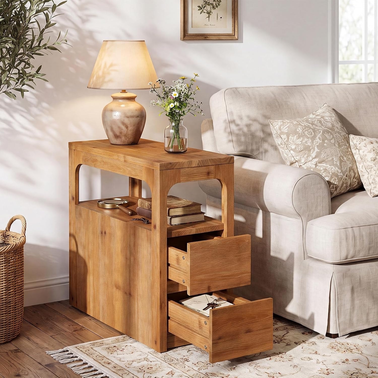 11.8" Narrow Solid Wood End Table with 2 Drawers and Shelf, Farmhouse Rustic Side Table, Bedroom Nightstand