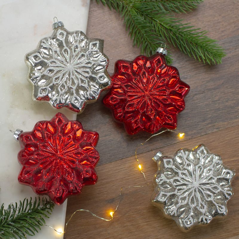 4ct Red and Silver Glass Snowflake Hanging Christmas Decorations 3.75-Inch (100mm) - 3.75"