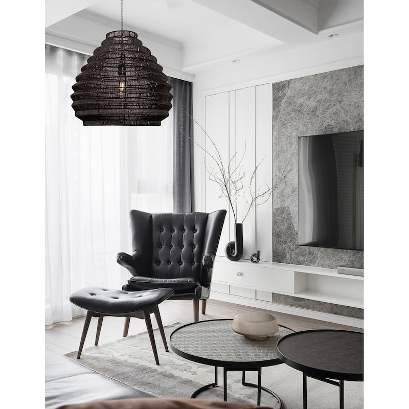 Modern Rattan Wicker Large Black Boho Pendant Light - 19" Wide