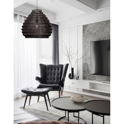 Modern Rattan Wicker Large Black Boho Pendant Light - 19" Wide