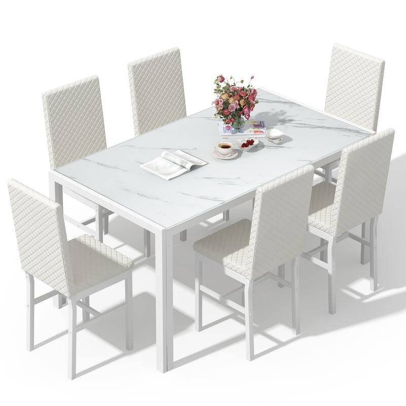 Grondin 7-Piece Dining Room Table Set, Modern Contemporary Style Dinning Table Set with Tempered Glass Top and Upholstery Chairs