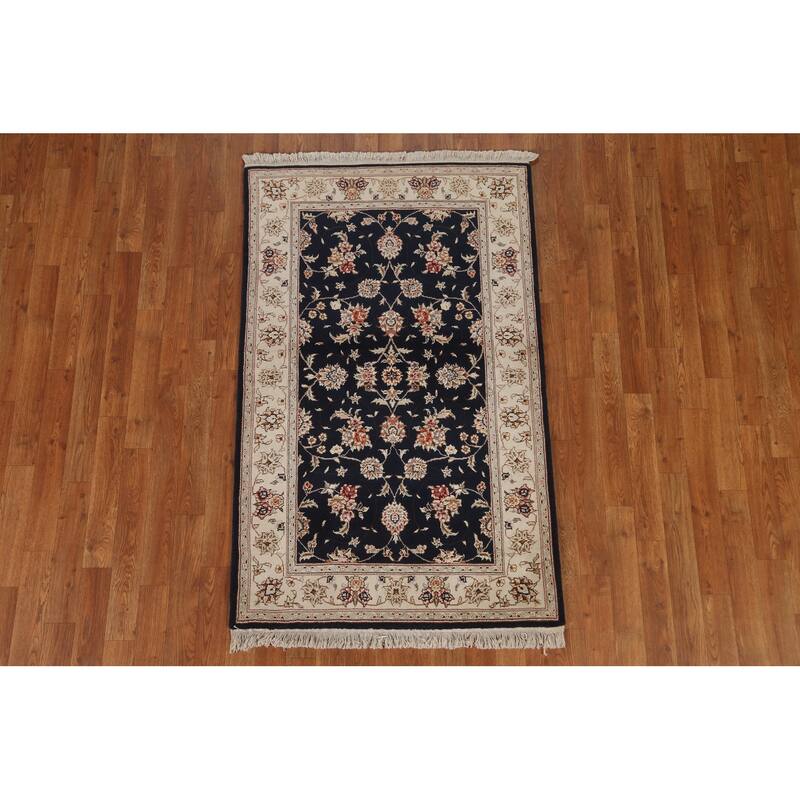 Hand Knotted Oriental Wool & Silk Carpet Traditional Floral Navy Blue & Blues Tabriz Area Rug - 4' 11'' X 3' 1''