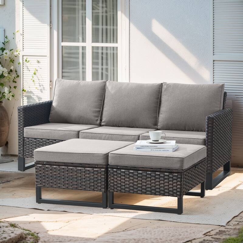 3 Pieces Patio Sofa with Ottoman Furniture - Brown - Grey