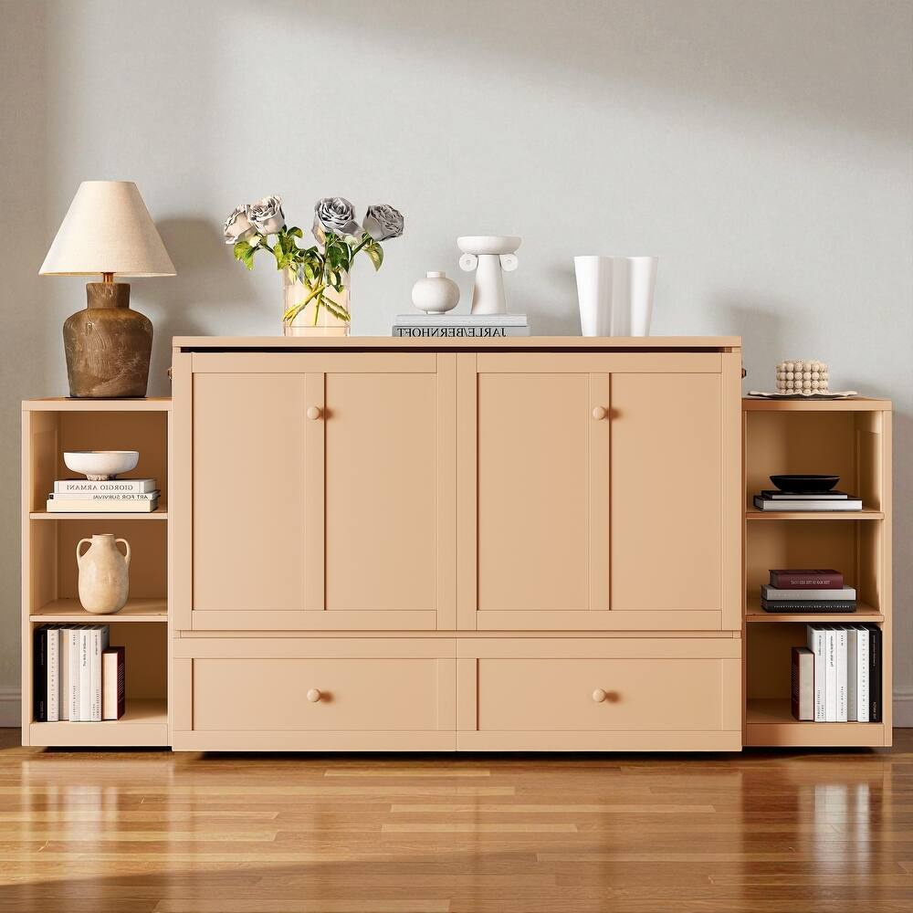 Full/Queen Size Murphy Bed with Storage Drawers and Shelves, Space-Saving Foldable Wall Bed for Guest Room