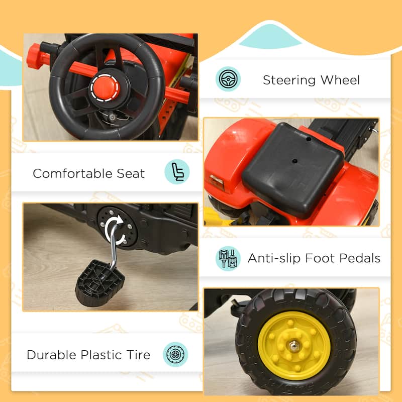 Pedal Car Digger Toy Move Forward/Back with 6 Wheels and Detachable Cargo Trailer