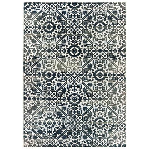 Silver Orchid Brown Floral Tribal Lattice Navy/ Ivory Area Rug