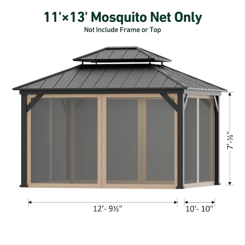 Gazebo Mosquito Netting Replacement Universal 4-Panel Sidewalls 11' x 13',Double Zipper (Mosquito Net Only)