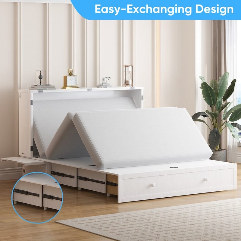 Mixoy Murphy Bed with Mattress,Cube Foldable Cabinet Bed with Charging Station