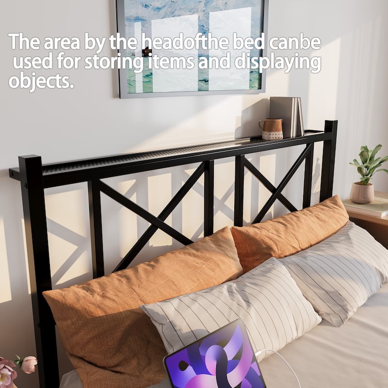 Floating Bed Frame Metal Platform Bed Frame with USB Charging Station Storage Headboard, LED Lights, No Box Spring Needed,Black