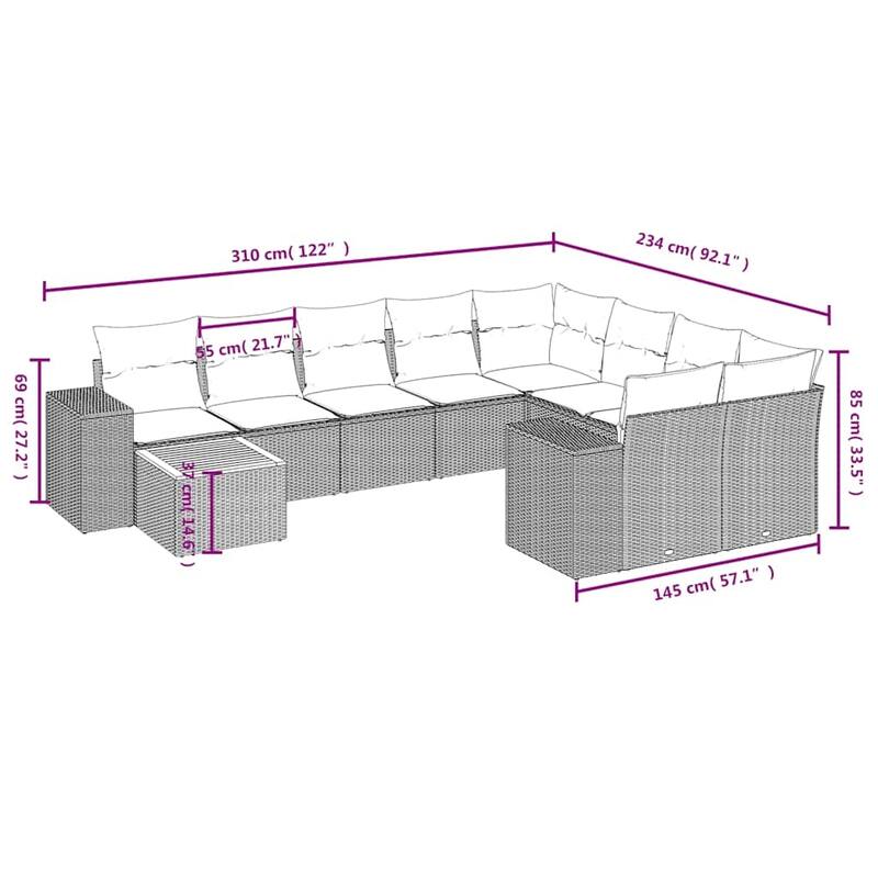 vidaXL 10 Piece Patio Sofa Set with Cushions Gray Poly Rattan