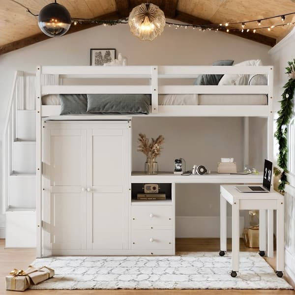 slide 2 of 19, Multifunctional Loft Bed with Stairs,Bookshelf,Drawers,Desk & Wardrobe,Full Size for Bedroom White