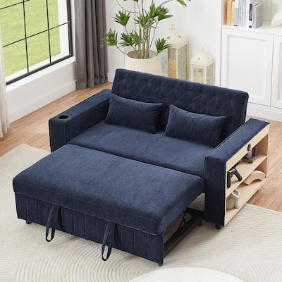 61.41" Chenille Convertible Sofa Bed with Adjustable Backrest, USB & Cup Holders