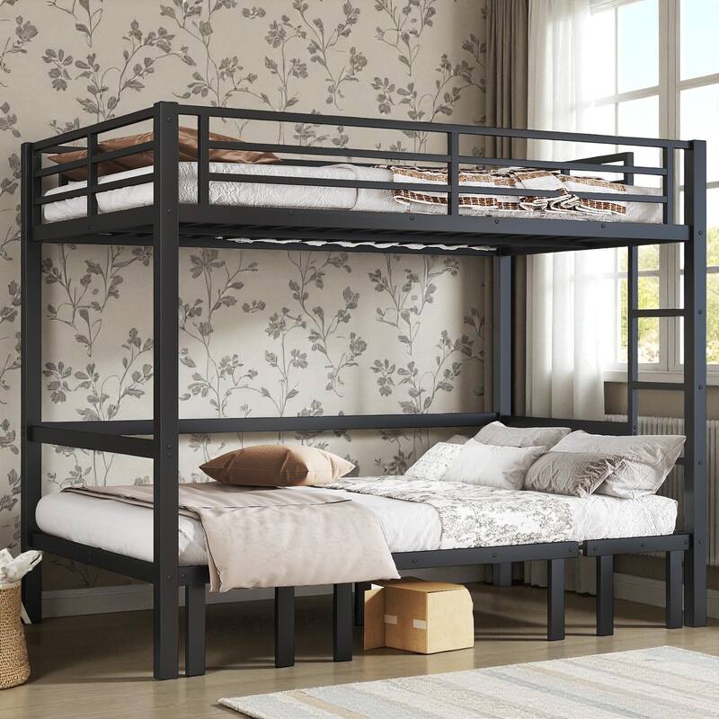 Full over Full / Queen over Queen Metal Bunk Bed with 3-Section Pull-Out Lower Bed and Safety Guardrails