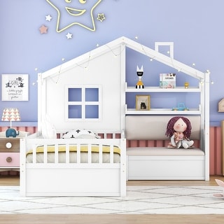 Wood House Bed Frame Side Linen Upholstered Sofa, Under Bed 2 Pull-out Storage Drawers, Pitched Roof Platform Bed