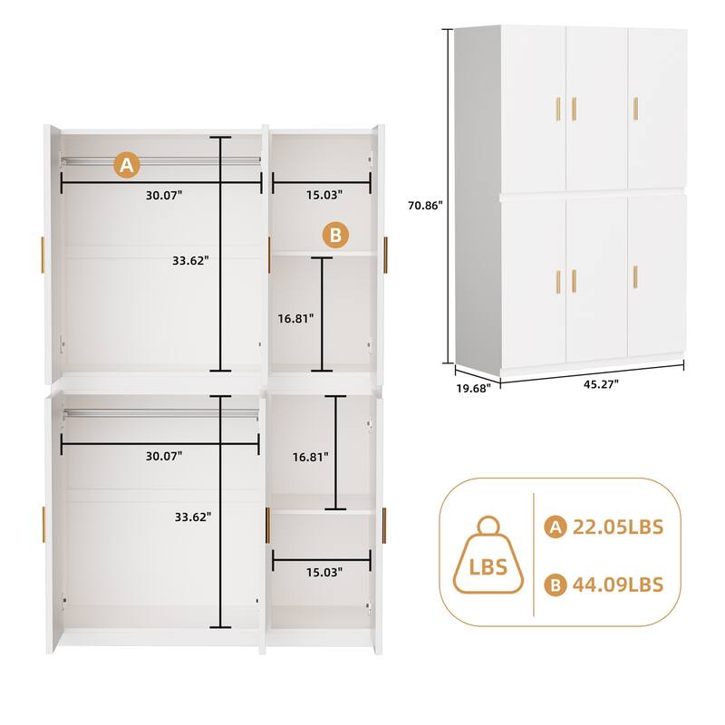 Gymojoy Armoire Wardrobe Closet, White Wooden Freestanding Clothes Storage Cabinet with Hanging Rods and Shelves for Bedroom