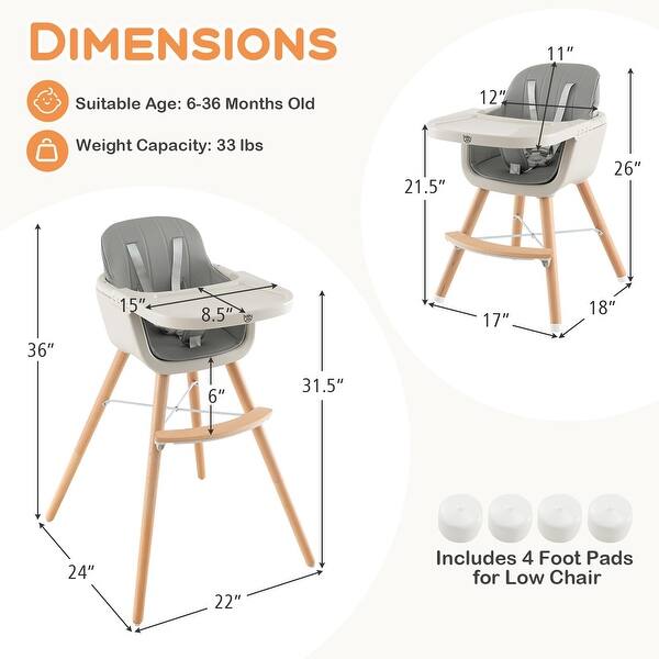 3 in 1 Wooden Convertible Baby High Chair w/Booster & Removable Tray, Adjustable Legs, 5-Point Harness, PU Cushion & Footrest