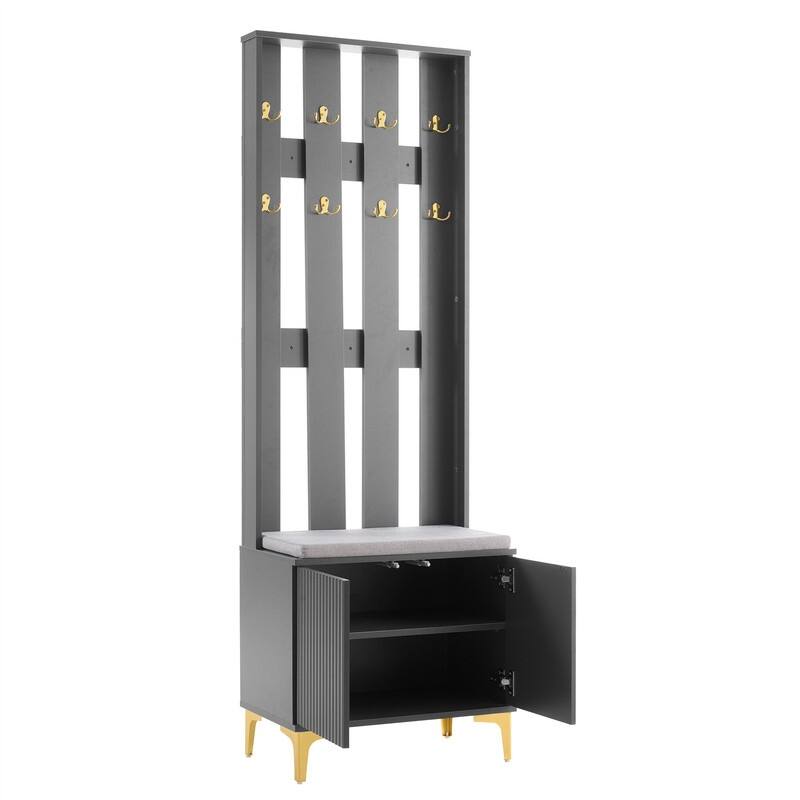 Luxury 4-in-1 Hall Tree with Shoe Bench and Cushion, Versatile Coat Rack with 8 Gold Hooks, Entryway Bench w/ Adjustable Shelves