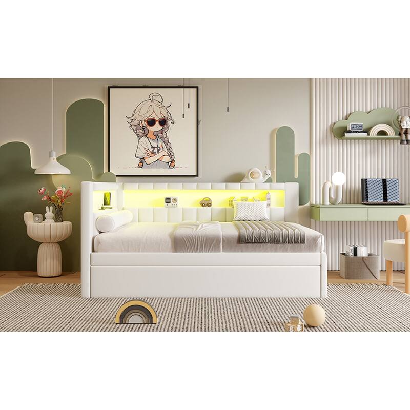 Roomfitters Full Size Upholstered Platform Bed with USB Ports, LED Light Belt and Twin Trundle, Modern Sleeper Bed, White
