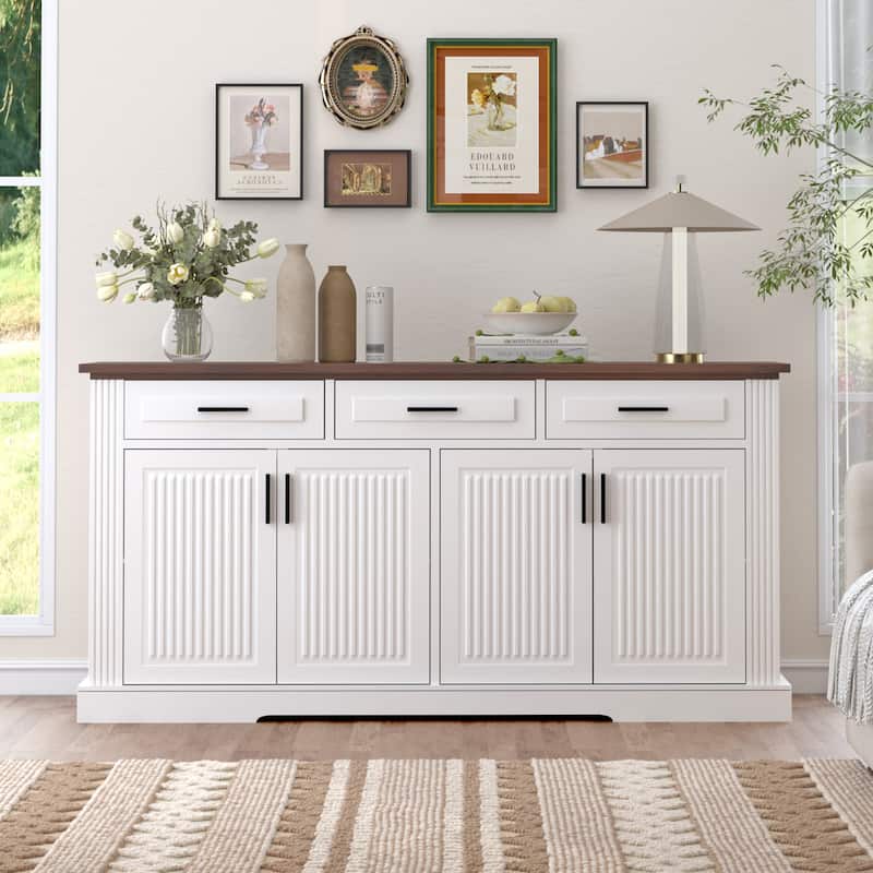 Buffet Sideboard Storage Cabinet with 3 Drawers & 4 Doors, Kitchen Accent Buffet Console Table Credenza with Adjustable Shelves