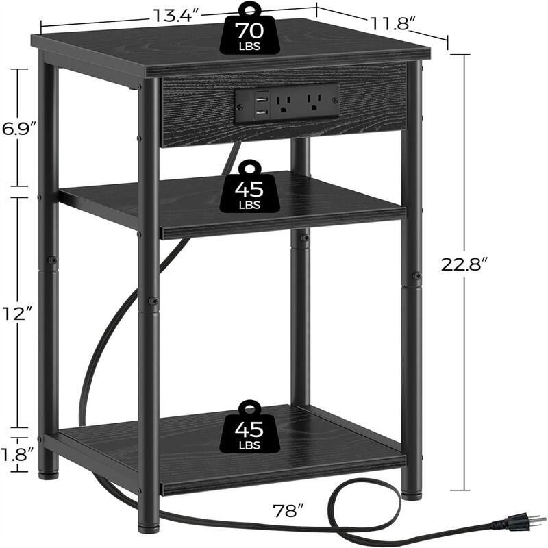 End Table with Charging Station - 11.8"D x 13.4"W x 22.8"H