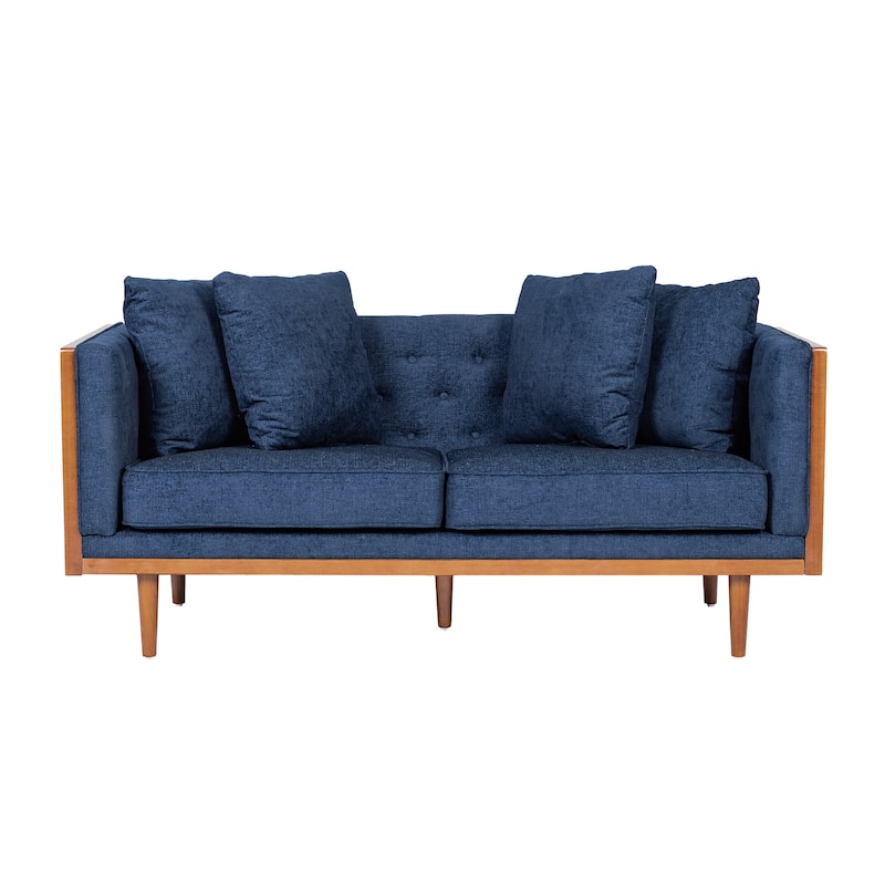 Borah Tufted Loveseat with Accent Pillows by Christopher Knight Home - Navy Blue+Dark Walnut