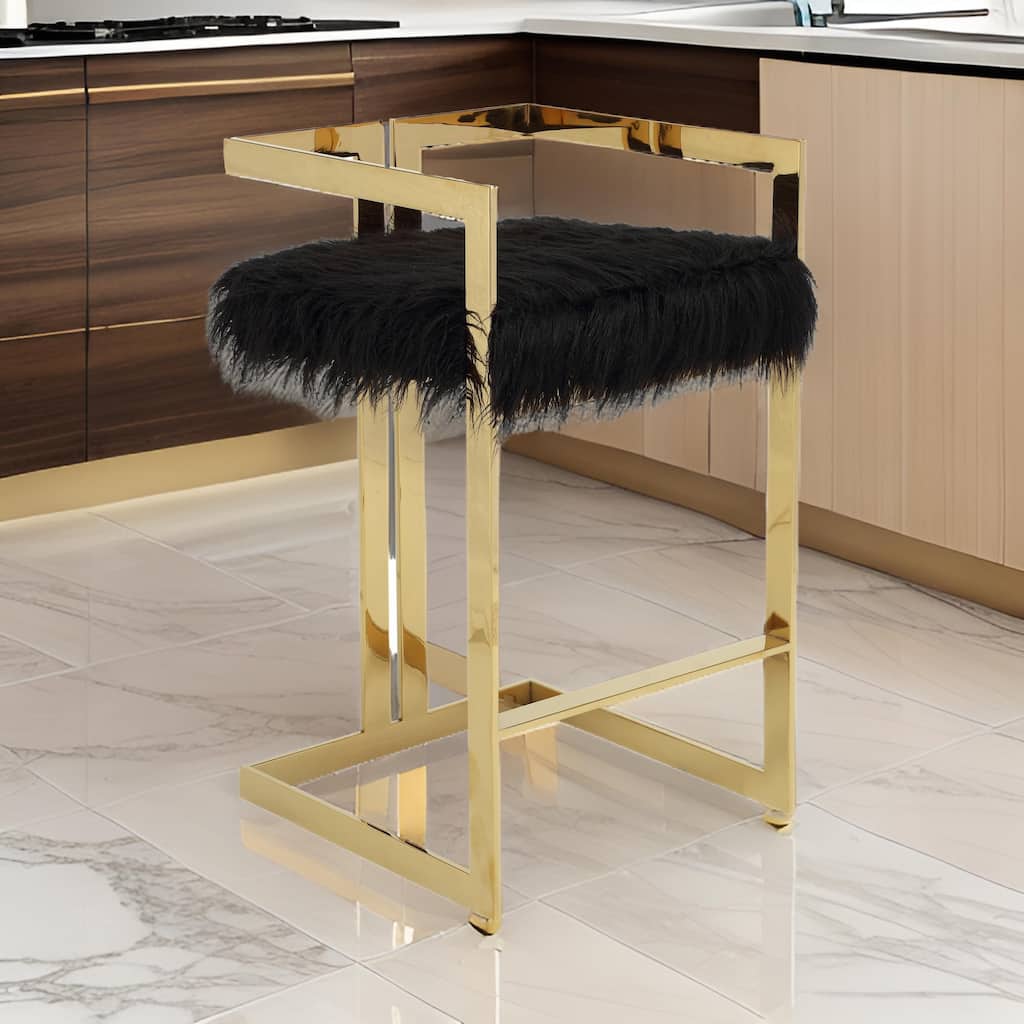 Suki 30 Inch Barstool Chair, Black Faux Fur Seat, Gold Cantilever Base