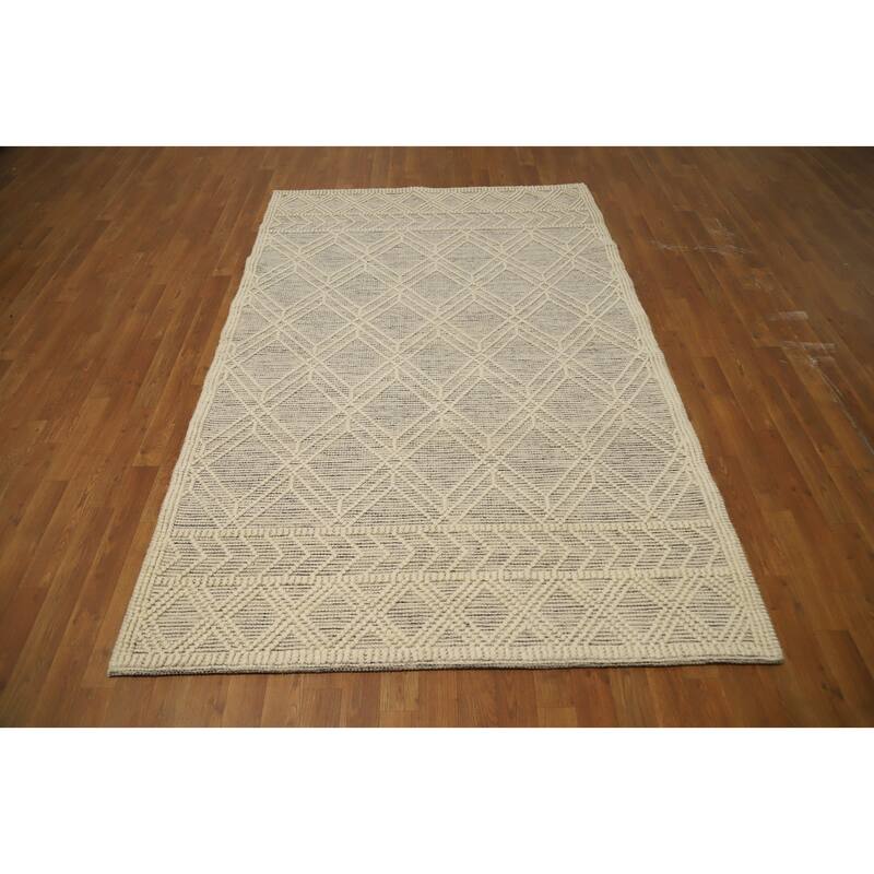 Hand Knotted Oriental 100% Wool Carpet Modern Geometric Beige & Ivories Modern Gotti Design Area Rug - 7' 8'' X 4' 11''