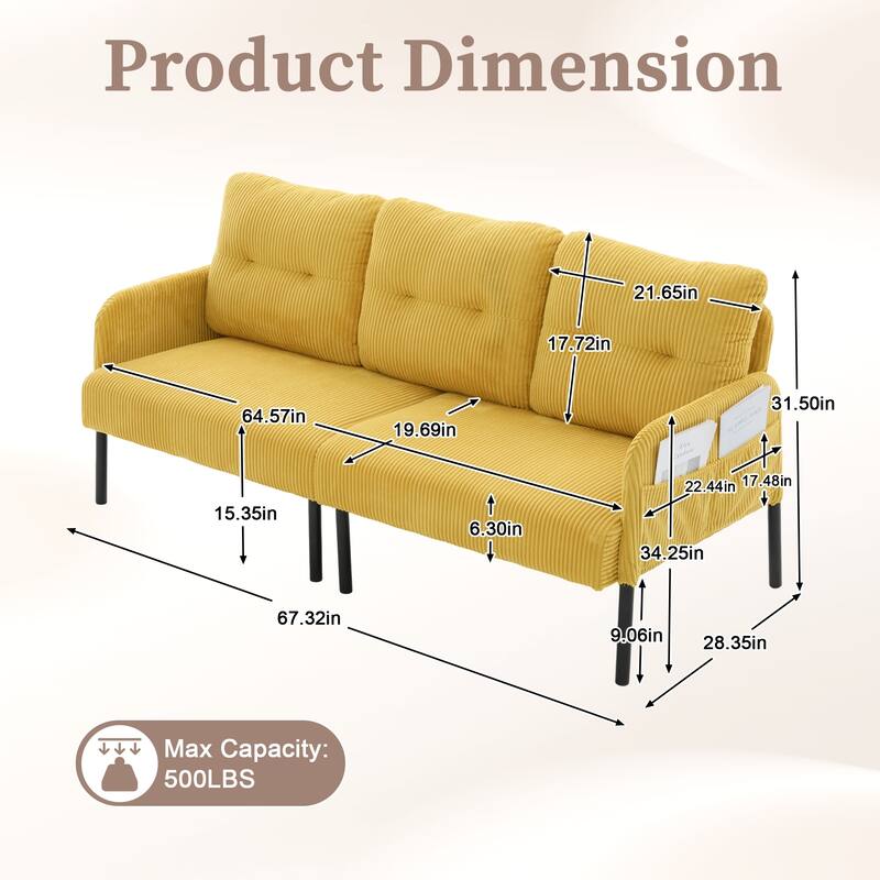 HOMEFUN Corduroy Upholstered Oversized Wood Frame Loveseat Sofa with Metal Legs and Side Pockets