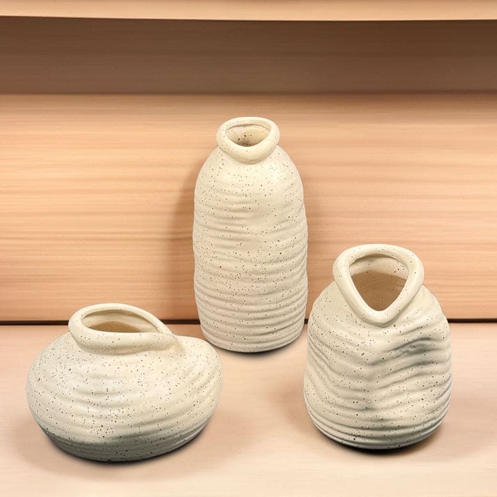 Cream Ceramic Vase Set of Three with Speckled Finish and Modern Design