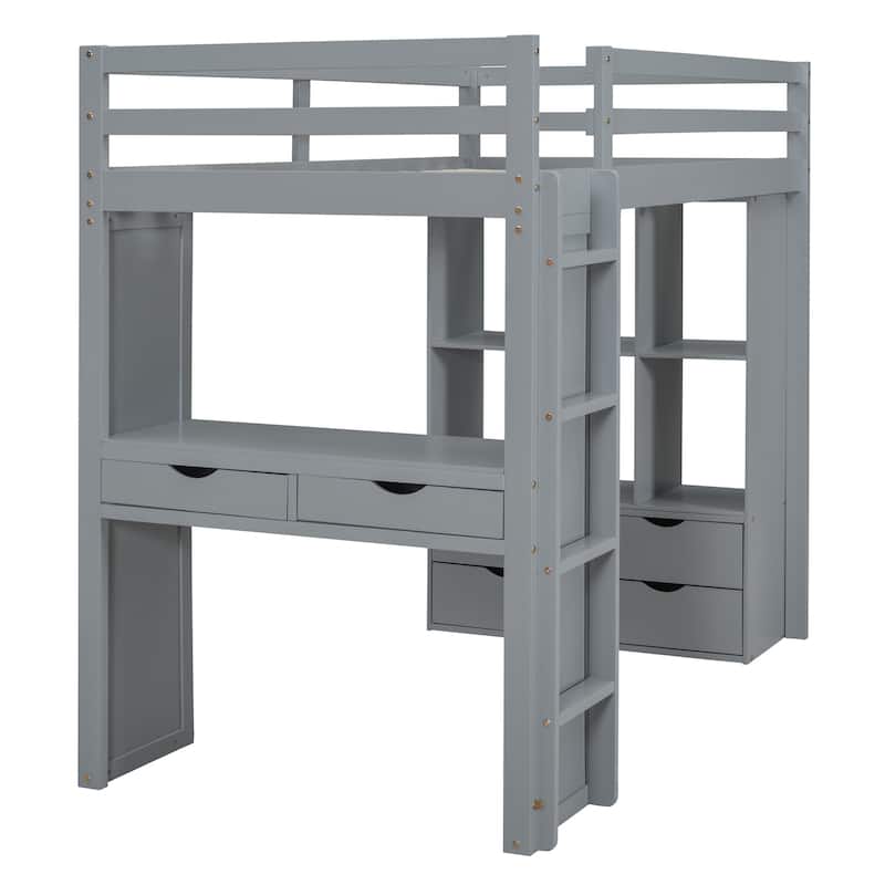 Twin Size Solid Wood Loft Bed with large shelves, writing desk and LED Light for Bedroom