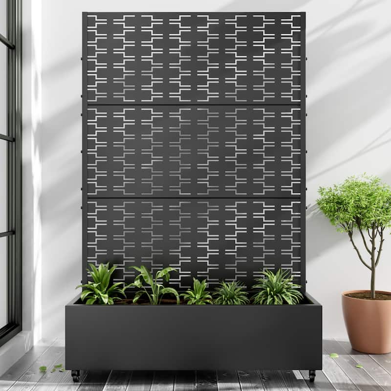 Metal Movable Planter Box with Trellis Privacy Screen Planter Box with Lockable Wheels - Black1