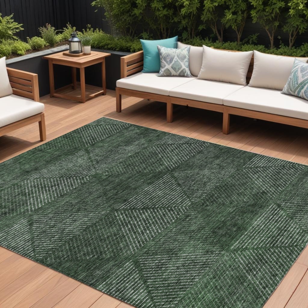 10' X 14' Fern Green And Emerald Geometric Washable Indoor Outdoor Area Rug - 9'3" x 12'3"